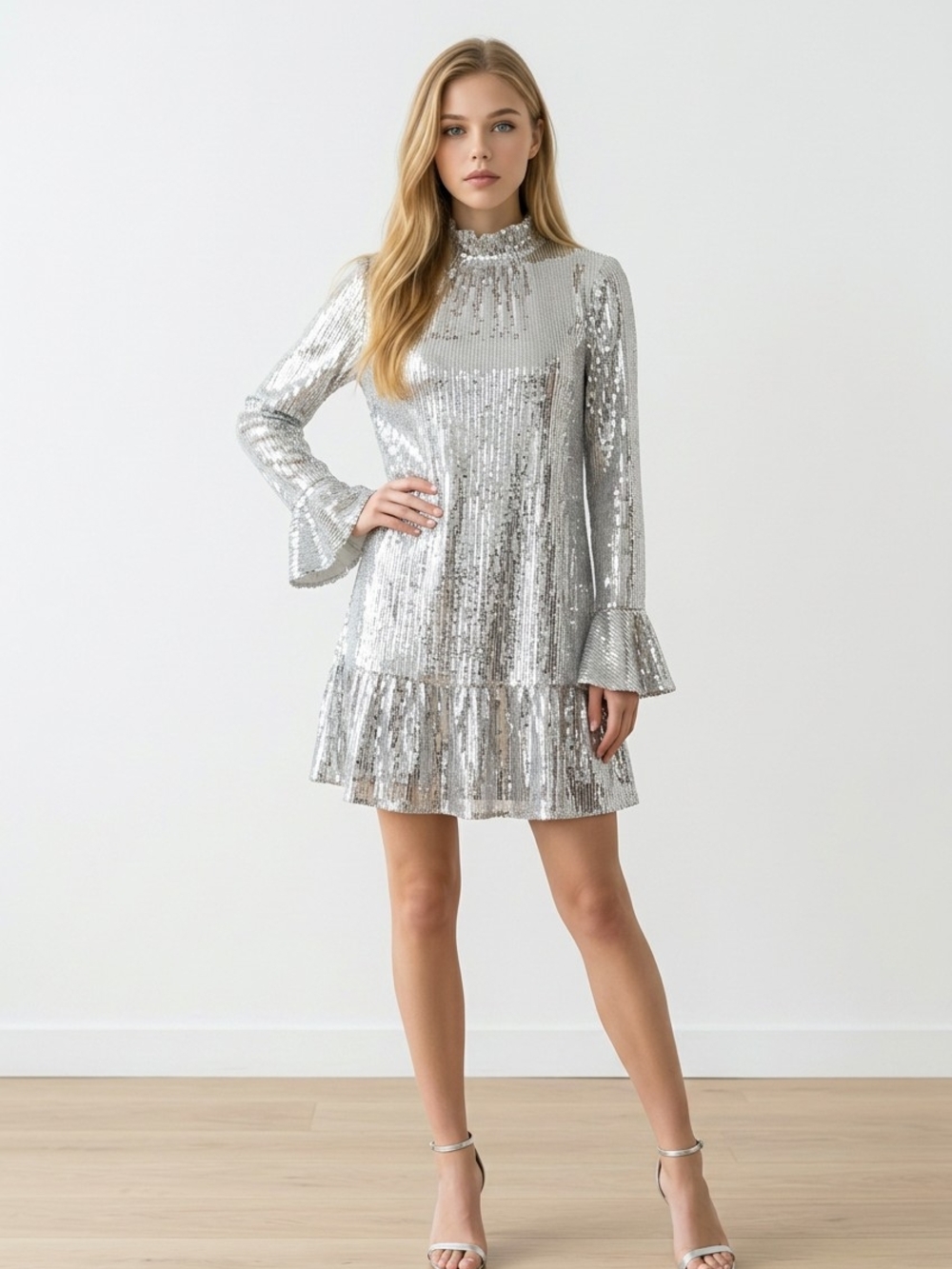 AUREUM Silver Sequin Ruffle-Hem Mini Dress